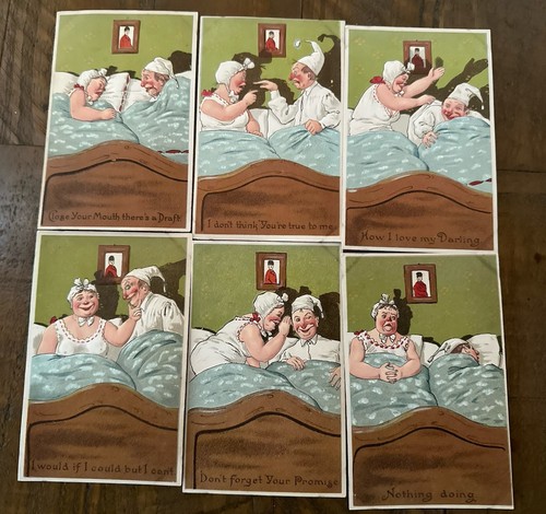 Posten von 6 ~ antik ~ Ehe Ehe Ehe Comic Postkarten ~ Ehemann Frau im Bett ~ c470 - Bild 2 von 3