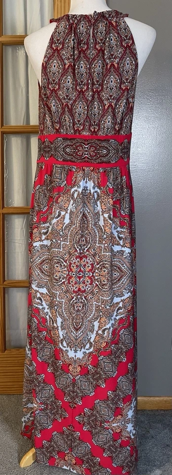 London Times пейсли макси платье Sz 12 с бретелью через шею красный пляж богемное коттеджкор - Изображение 4 из 4