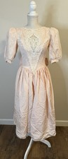 Vtg Gunne Sax Jessica McClintock Pink Taffeta Lace Dress Puffed Sleeves Sz 5/6