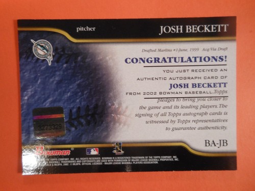 2002 Bowman BA-JB Josh Beckett Certified Autograph Auto Marlins - Picture 4 of 6
