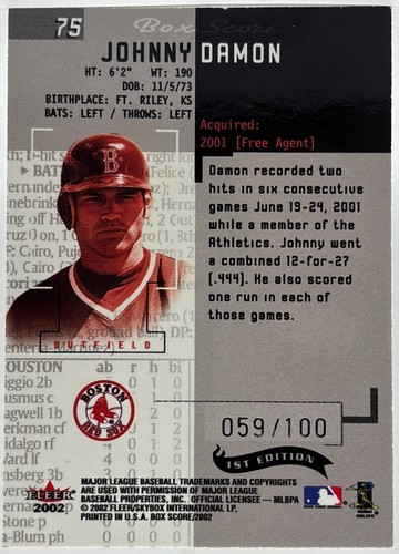 2002 Fleer Box Score - Johnny Damon - 1st Edition /100 - Red Sox - Picture 2 of 2
