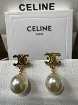 CELINE PARIS Triomphe Pearl Stud Earrings Gold