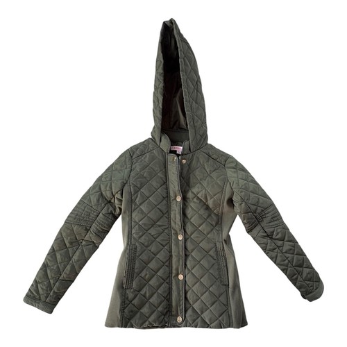 C I SONO Kids Olive Quilted Hooded Jacket Size M 10 Zip Snap Pockets