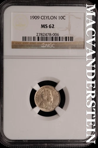 Ceylon: 1909 Ten Cents - NGC MS 62 - Scarce  No Reserve  #SLi486