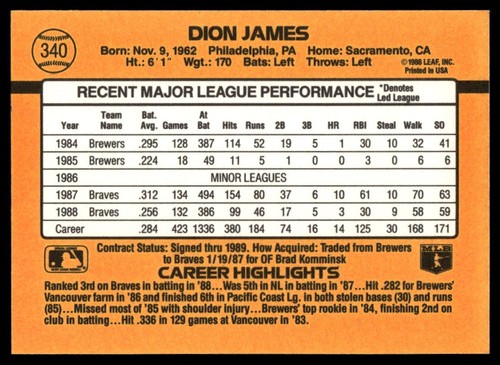 1989 Donruss #340 Dion James "LEAF, INC." & "*Denotes - Picture 2 of 2