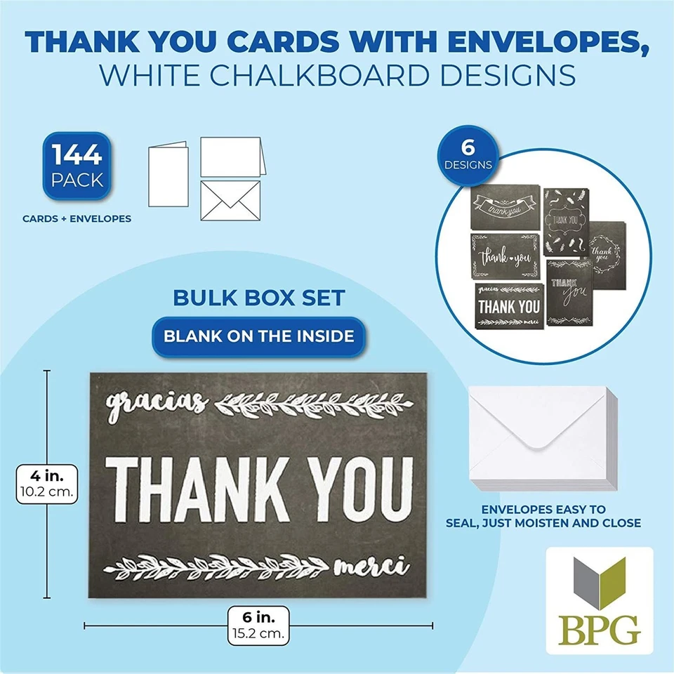 144-Pack Blank Thank you Greeting Cards Bulk w/Envelope, Chalkboard Design 4"x6" - Image 2 of 4
