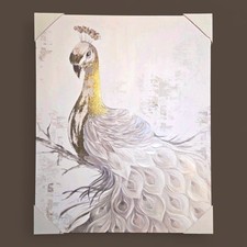 Elegant White and Gold Peacock Wall Art Canvas Painting Textured 22x28 D cor