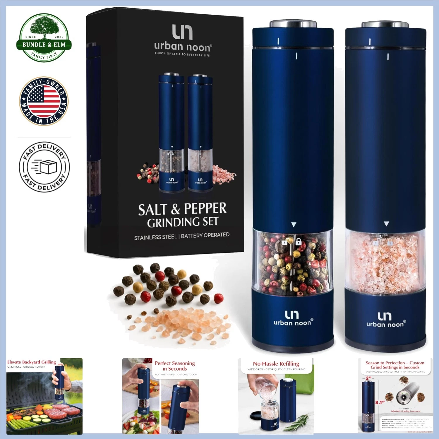Elegant Salt and Pepper Mills with LED Light and Effortless Grinding Feature