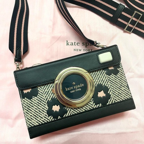 Kate Spade Oh Snap Camera Crossbody Leather Herringbone Black Multi Excellent - Picture 9 of 9