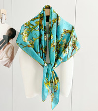 100 Silk Mulberry Wrap Shawl Square Yellow flower Print Bandanna Scarf 110X110cm