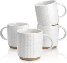 Stackable Mugs, 10oz White Porcelain Cups, Set of 4, Space Saving, Gift