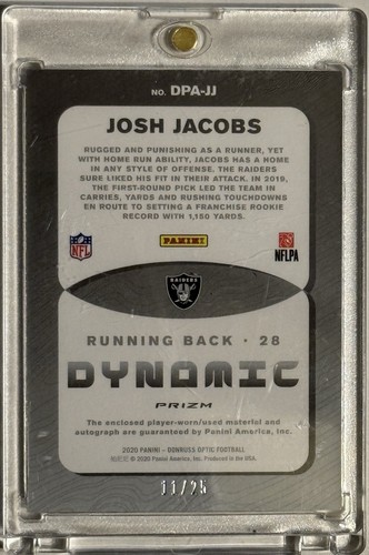 Josh Jacobs 2020 Panini Optic #DPA-JJ Dynamic Silver Player parche usado automático #/25 - Imagen 2 de 2