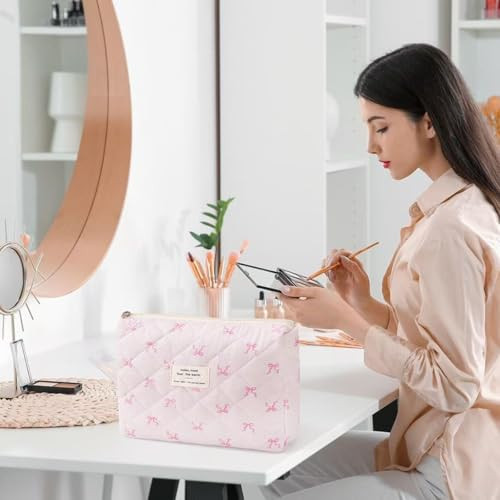 Large Travel Quilted Makeup Bag,Cute Bow Cotton cosmetic bag, M-PINK - Bild 5 von 7