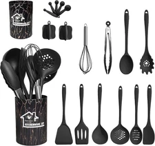 OHHSUN 18PCS Silicone Cooking Utensils Set, Black - Dishwasher Safe