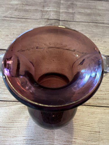 Tarnowiec Poland Blown Art Glass Vase Amethyst Purple Clear Double Handles 6” - Picture 2 of 6