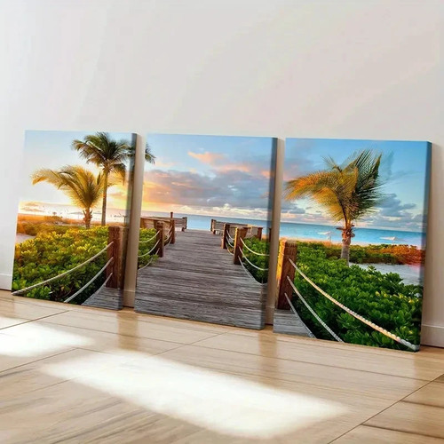 3pcs Beach At Sunset Palm Trees Modern Wall Art Canvas Framed 50x70cm - Foto 2 di 3