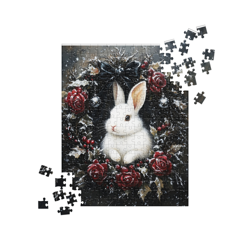 White Rabbit Christmas Puzzle Cute Winter Bunny Wreath Festive Holiday Jigsaw - Picture 1 of 7