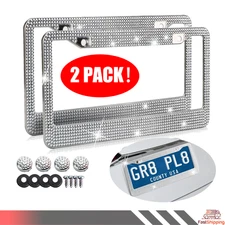 2PCS Bling License Plate Frame Glitter Crystal Sparkling Rhinestone Diamond Caps