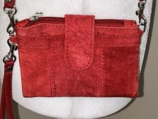 Christmas Red Suede Leather Wallet Crossbody Wristlet Removable Strap Mini Boho
