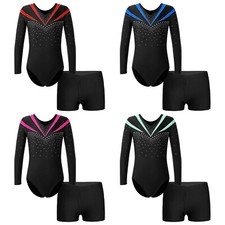 Girls Rhinestone Gymnastics Leotard with Shorts Dance Performance Skating Outfit