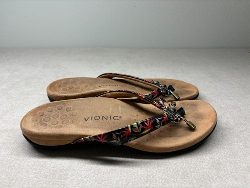 Vionic Sandals 9 Black Floral Bella II Slides Flip Flops Contoured Footbed Bow - Picture 2 of 6