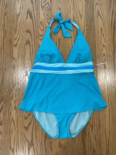 Spanx 735 Tankini einteilig Shapewear Schwimmen Abnehmen Neckholder blaugrün Damen Größe 12