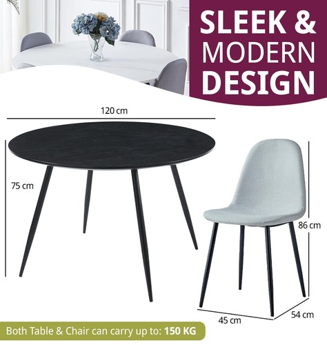 Dining Table Set, Large Round Black Wooden Kitchen Table & 4 Grey Fabric Chairs - Picture 3 of 8