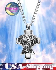 New Angel Wings Cross Urn Cremation Pendant Ash Holder Silver Memorial Necklace