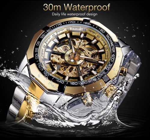 Men's Watch Skeleton Mechanical Luminous Luxury Waterproof Sport Watch Octagon - Picture 5 of 11
