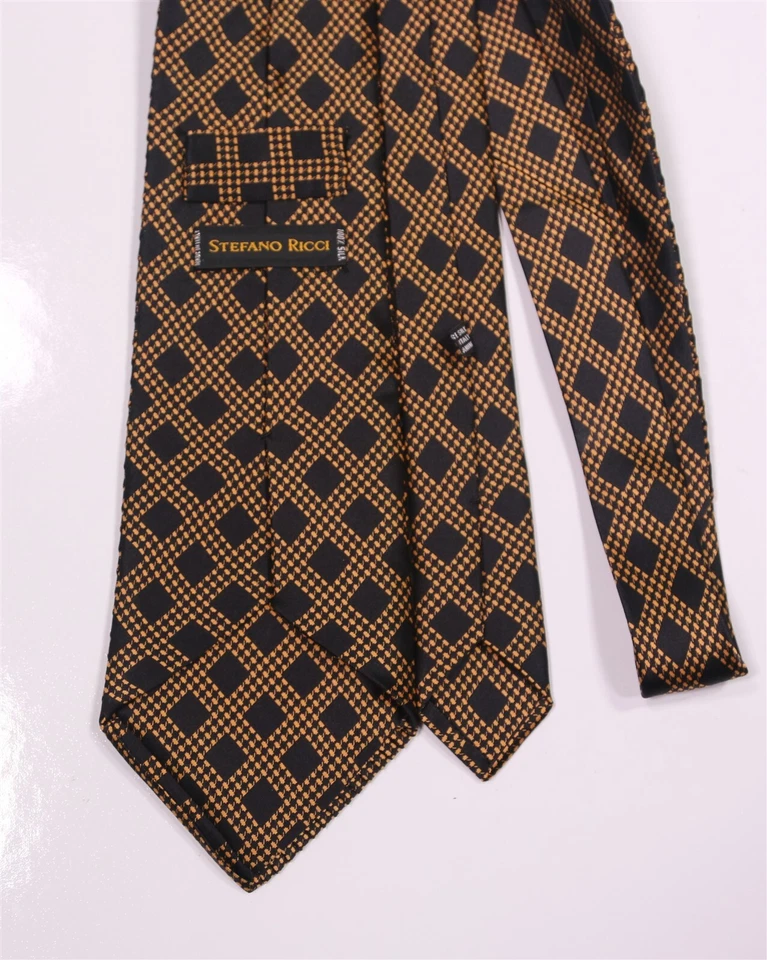 Corbata plisada hecha a mano Stefano Ricci dorada negra a cuadros seda Italia Foto 4 de 4