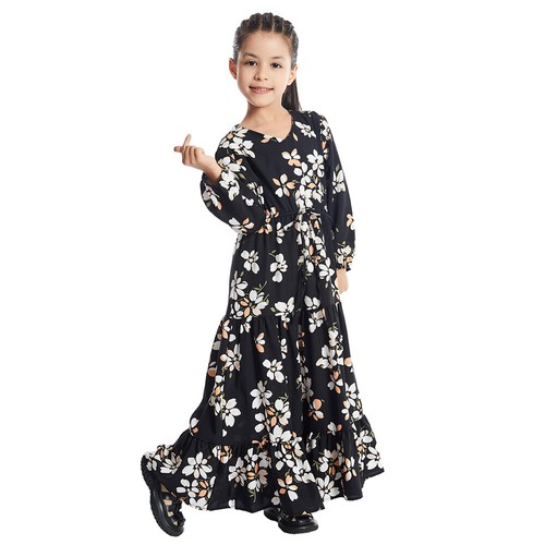 Muslim Floral Kids Long Sleeve Dress Islamic Girls Children Kaftan Abaya Ramadan - Picture 3 of 54