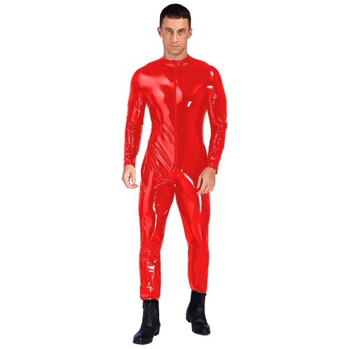 Men's Patent Leather Clubwear Front Zipper Jumpsuit Full Body Leotard Costume - Picture 14 of 29