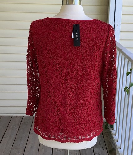 Neu mit Etikett Talbots Bluse 12 rot Spitze Blatt- und Beerenmuster Überzug Datum Nacht Top - Bild 3 von 8