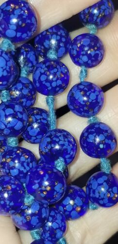 COLLANA PERLINE VINTAGE VETRO ARTISTICO BLU MURANO maculato con macchie di mica perline - Foto 5 di 12