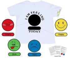 Childrens unisex educational tshirt with patches, happy, sad, angry and sick