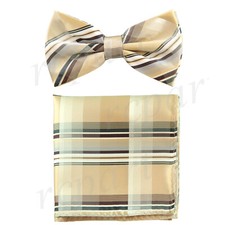 New Men's Pre-tied Bow tie  hankie set beige brown plaids  checkers formal