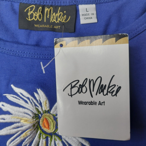 BOB MACKIE Wearable Art Shirt Dress Size Large Blue Cotton Embroidered Flowers - Picture 4 of 16