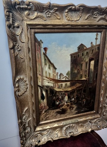 Antique Oil Painting STREET MARKET, VENICE W. FOWLER 1853 oil paint on board. - Picture 4 of 8