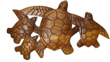 SEA TURTLE Family Wood Hand Carved Ocean Sand Island Tropical Wall Art Plaque