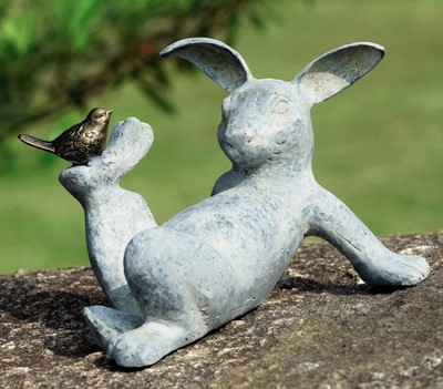 Playful Bunny Rabbit With Bird Friend Garden Sculpture Statue Aluminum Metal - Rabbit Garden Sculpture Playful Bunny Rabbit With Bird Friend Garden Sculpture Statue Aluminum Metal - Rabbit Garden Sculpture