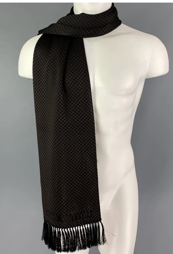 LOUIS VUITTON シルク100% スカーフ　黒 Auth LOUIS VUITTON Black Brown Damier Silk Fringe Scarf | eBay