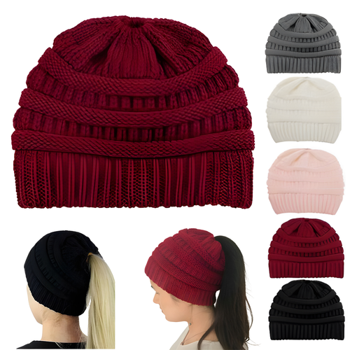 Women's Girls Ponytail Hat Winter Knitted Wool Beanie Cap Stretch Headwear Warm - Picture 3 of 31
