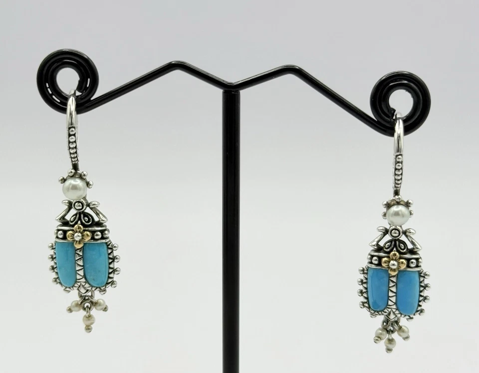 Barbara Bixby Sterling Silver & 18k Turquoise White Pearl Scarab Beetle Earrings - Image 2 of 4