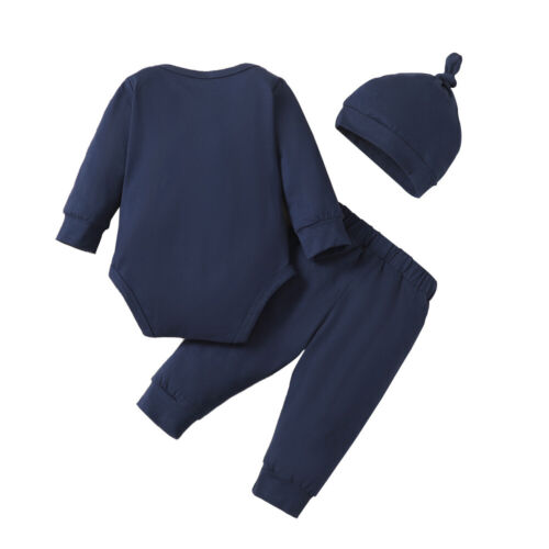 Newborn Baby Boys Little Brother Bodysuit Romper Tops + Pants + Hat Outfit Set - Picture 12 of 17