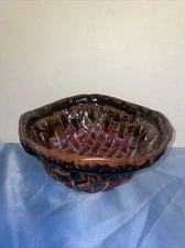 Vintage Ceramic Pottery Open Weave Lattice Basket Bread Fruit Multi Color Bowl