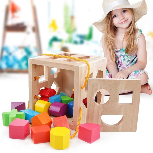 Wooden Shape Sorter Toy with 19 Blocks Natural Solid Wood for Toddlers 2-4 - Picture 3 of 7