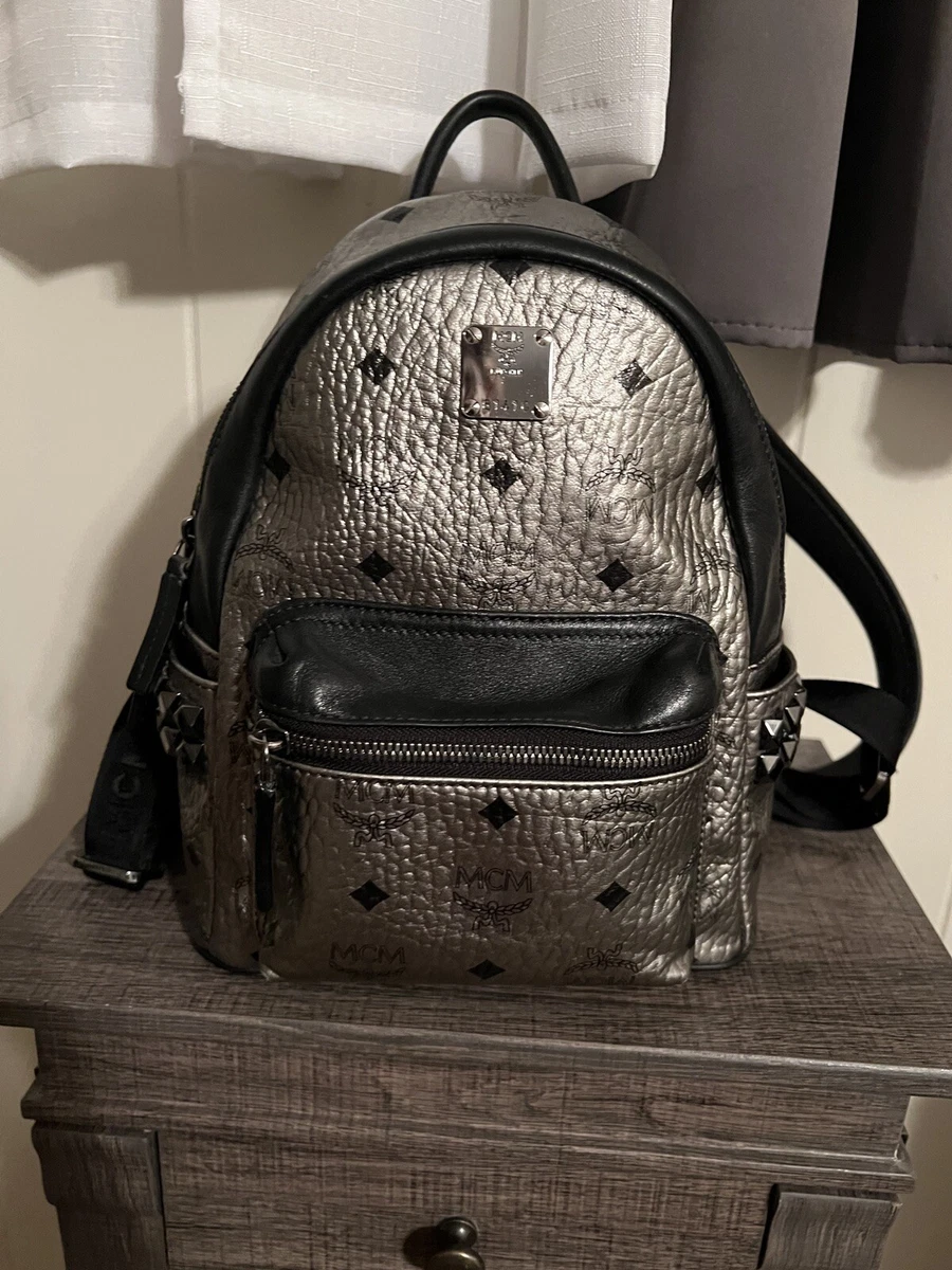 Authentic MCM mini stark silver and black leather backpack