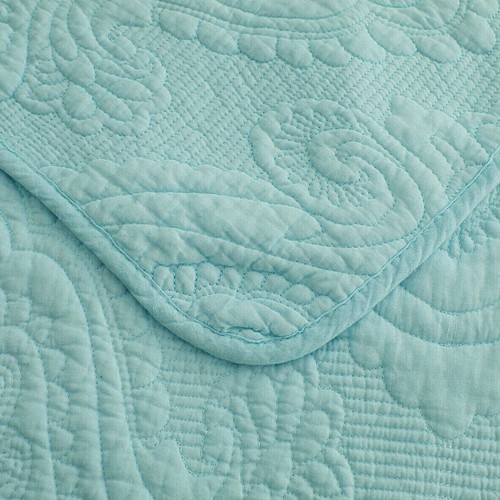 100% Cotton Lightly Quilted Coverlet Set Damask Turquoise - Picture 3 of 5