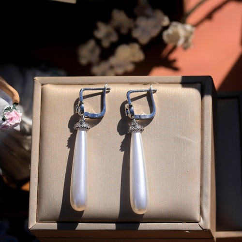 Boucles d'oreille Dormeuse Argenté Serti CZ Goutte Perle Blanc Vintage Style SC2 - Imagen 6 de 7