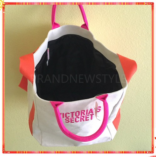VICTORIA'S SECRET Extra Large Canvas Beach Bag Tote White IVORY Pink Orange NEW - Picture 4 of 5
